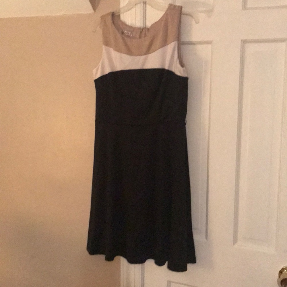 Sleeveless black, white and tan flair dress